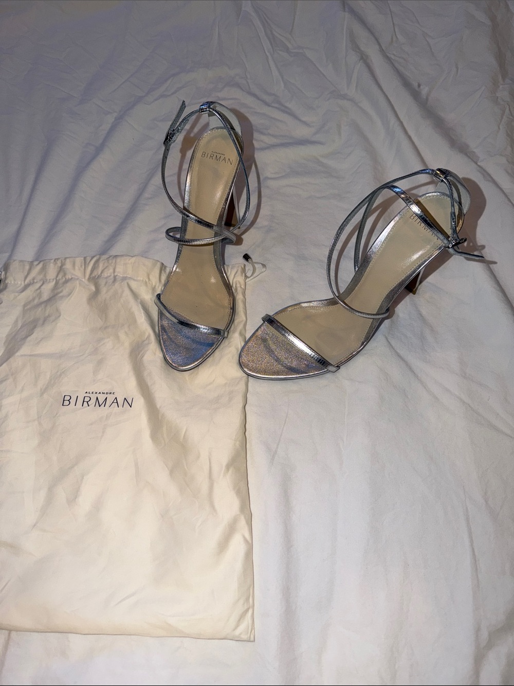 Alexandre Birman Metallic Silver Strappy Ankle-Tie Heels